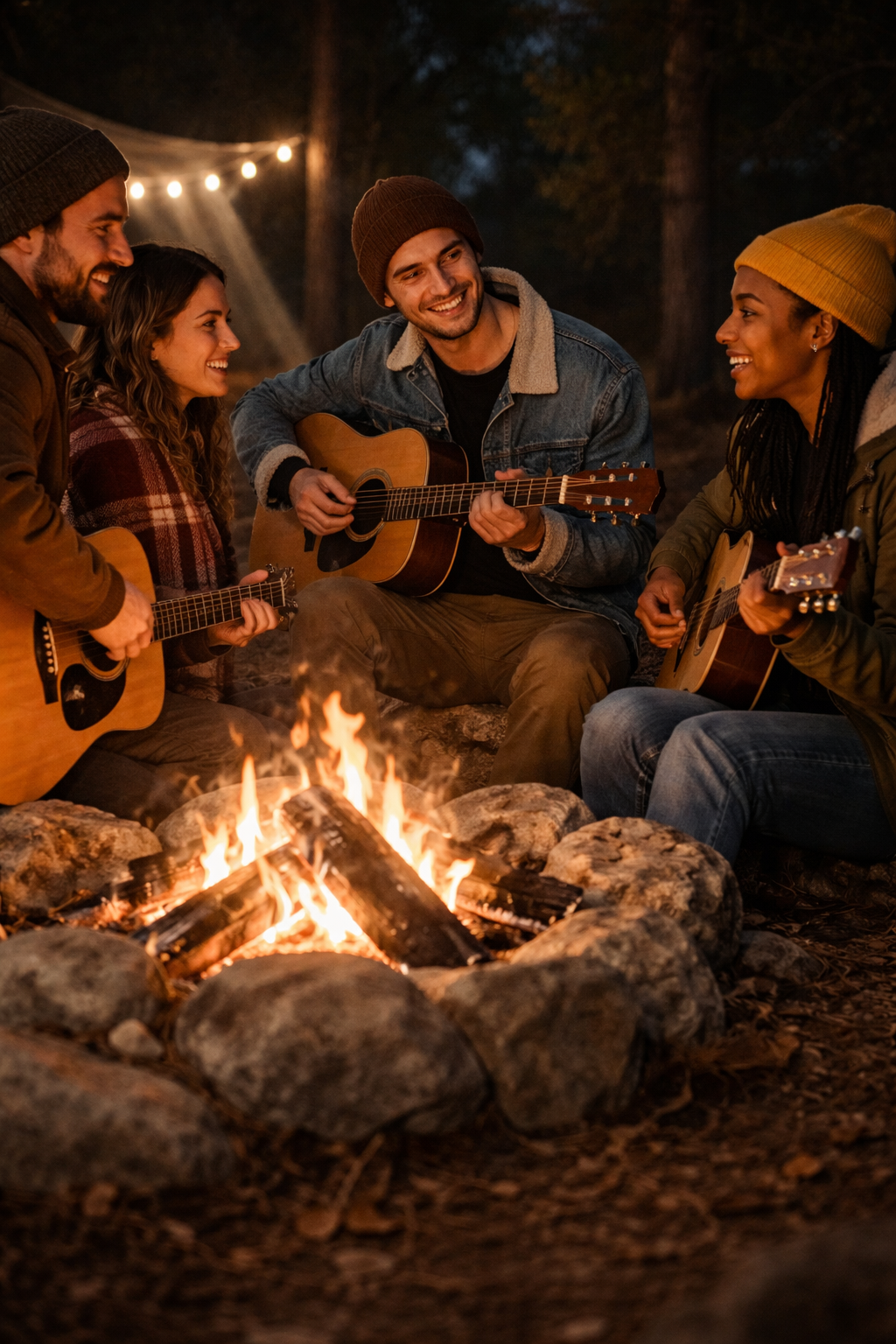 guitarists performing around a campfire