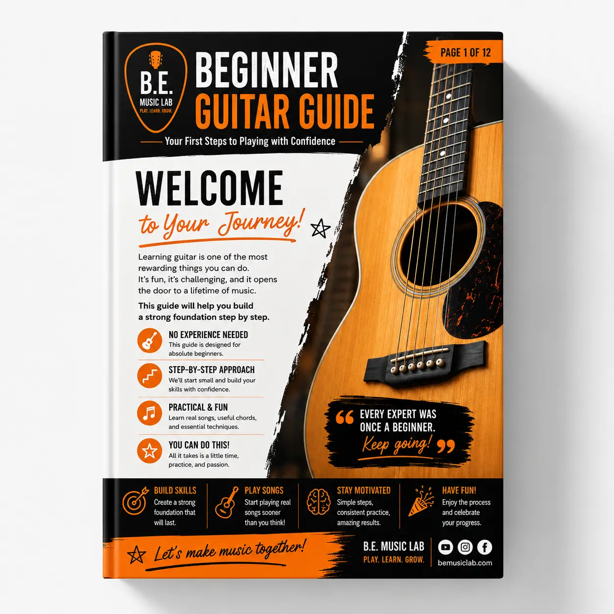B.E. Music Lab Beginner Guitar Guide cover featuring an acoustic guitar