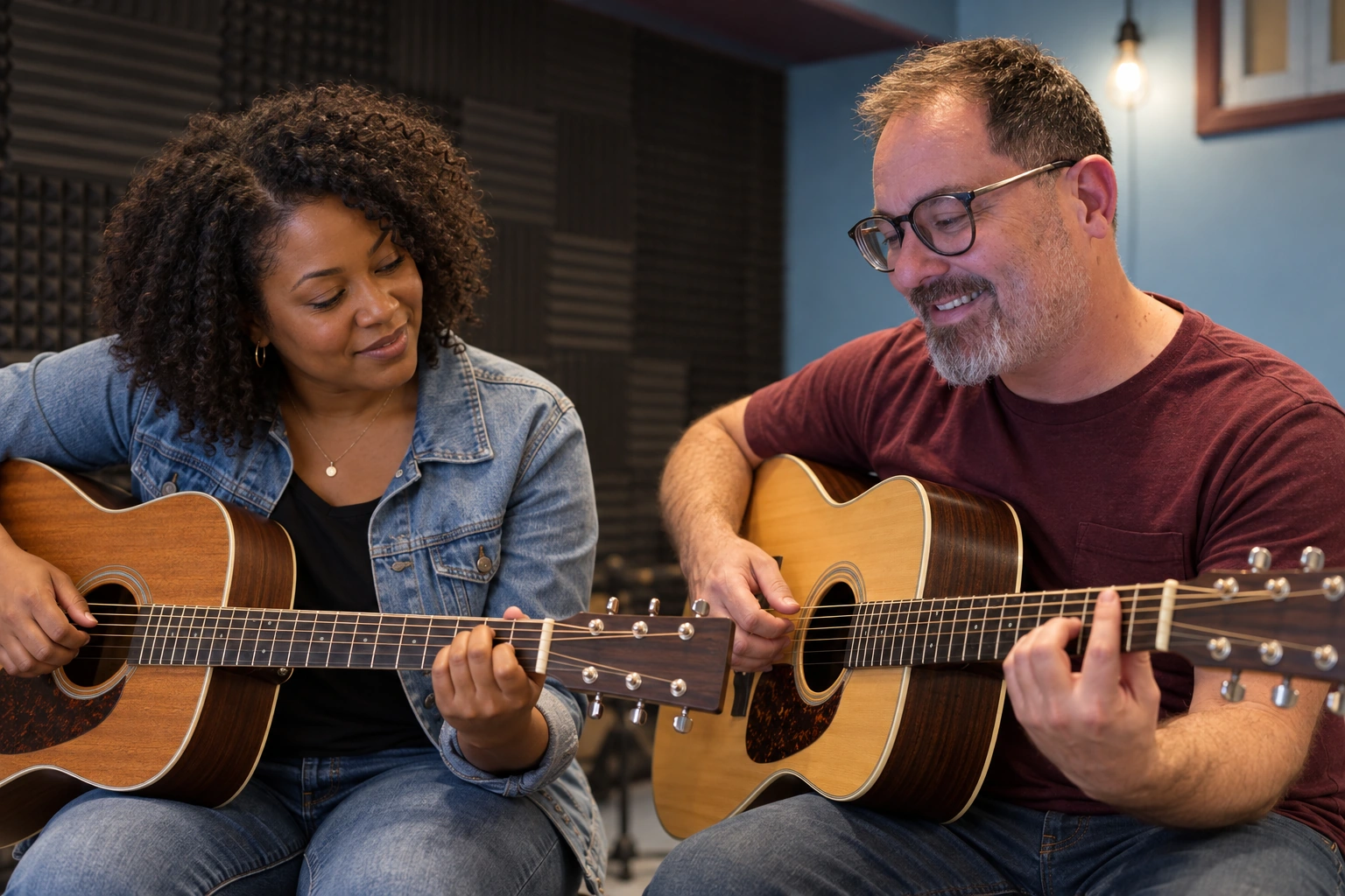 Jeremiah Williams teaching music to an adult Black woman at B.E. Music Lab