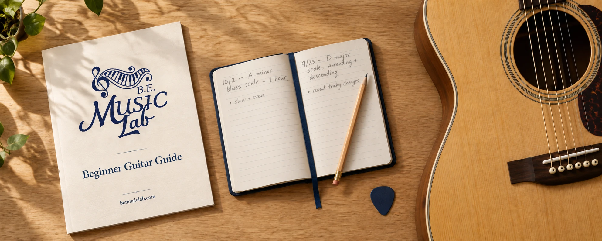 B.E. Music Lab beginner guitar guide, handwritten practice notebook, guitar pick, and acoustic guitar on a table