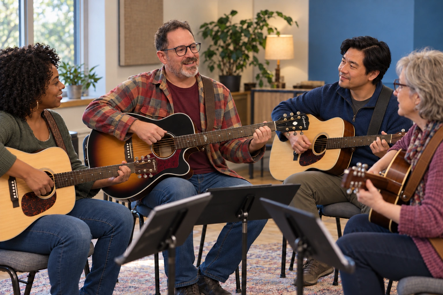 Adults playing acoustic guitars together during a B.E. Music Lab workshop