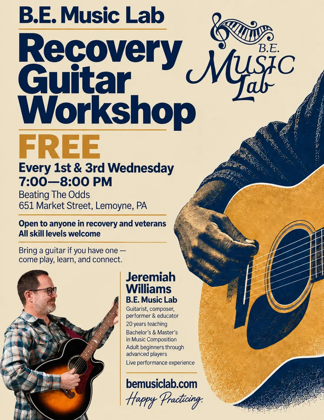 Recovery Guitar Workshop flyer with schedule, location, eligibility, and instructor information
